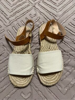 J. Crew White Canvas and Tan Leather Espadrille Sandals